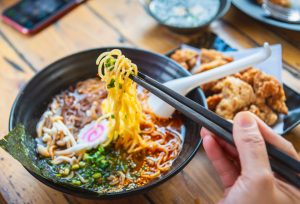 Spicy Japanese ramen noodle soup with egg, Japanese food culture